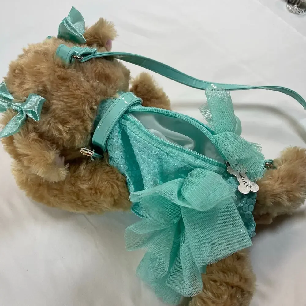 Poochie & Co Plush Dog Purse Sequins Tulle Tutu Aqua Teal Blue Girls Handbag